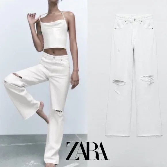 Zara Women's White Wide Leg Flare Jeans High‎ Rise Ripped Distressed Womens 0 - Picture 1 of 8